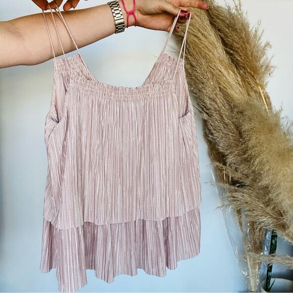 ANTHROPOLOGIE GIANNI BINI Blush Rose Pink Pleated Ruffle Drop Tank Top Blouse XS - Picture 5 of 11